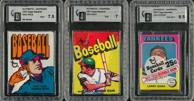 1972-1975 Topps Unopened Wax and Cello Packs GAI-Graded Trio (3 Different)